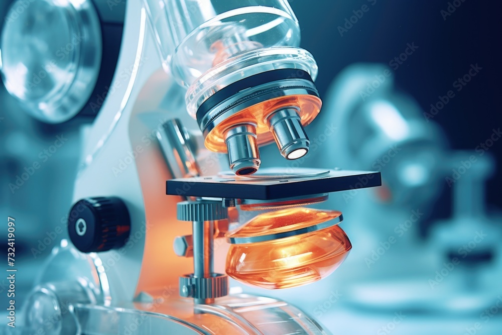 Poster a close-up view of a microscope placed on a table. this image can be used for scientific research, l