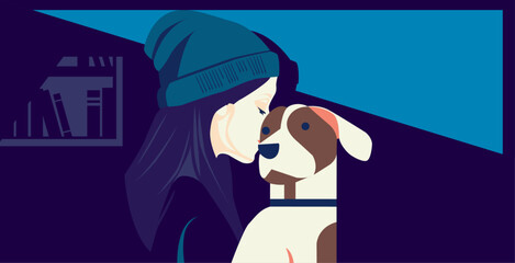 vector design of a woman wearing a hat hugging a pet dog, design in flat style