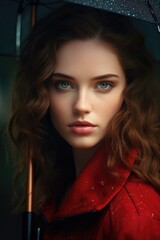 Fototapeta premium A woman wearing a vibrant red coat holds an umbrella. This image can be used to depict fashion, weather, or protection from the rain