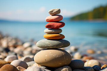 
A stack of rocks on a beach,AI generative Photo. - obrazy, fototapety, plakaty