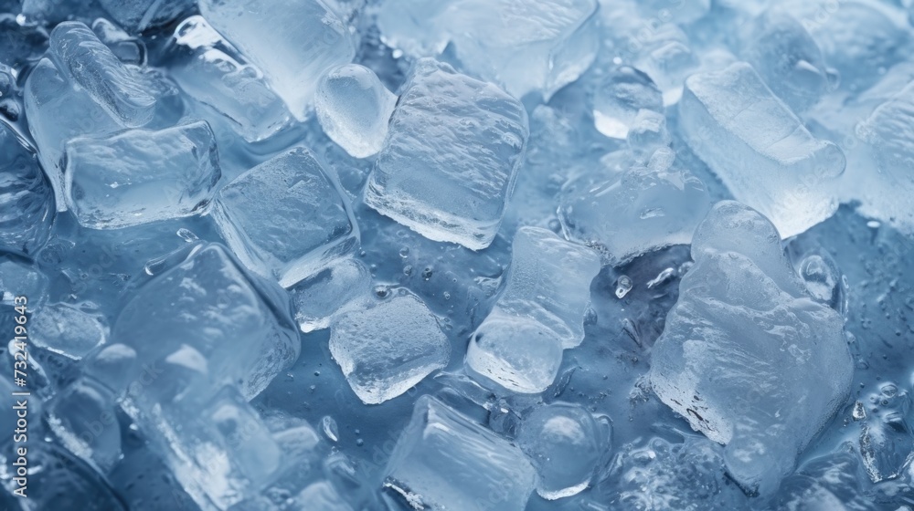 Poster a pile of ice cubes sitting on top of a table. suitable for various uses