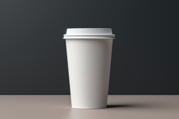 A white cup with a lid sitting on a table. Suitable for various uses