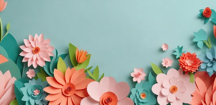 Spring turquoise template with floral decoration and copy space. Carving craft of paper. Concept of International Women's Day, March 8. Generative ai