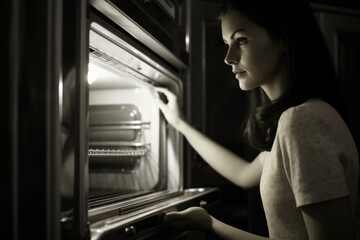 Fototapeta na wymiar A woman is seen peering into an oven in a dark room. This image can be used to depict cooking, food preparation, or even mystery and suspense