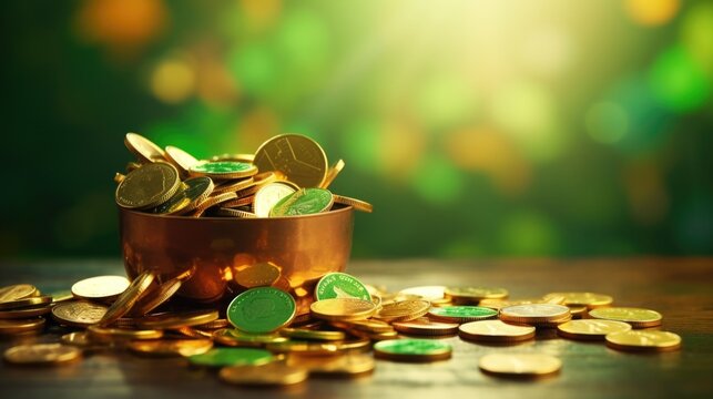 A bowl filled with shiny gold coins is placed on a table. This image can be used to depict wealth, prosperity, savings, finance, investment, or success