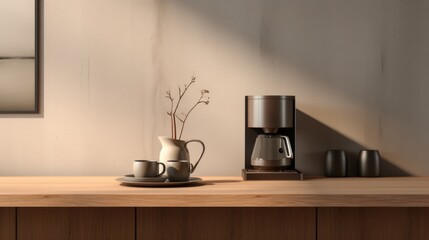 A coffee maker placed on a sturdy wooden counter. Perfect for home or office use