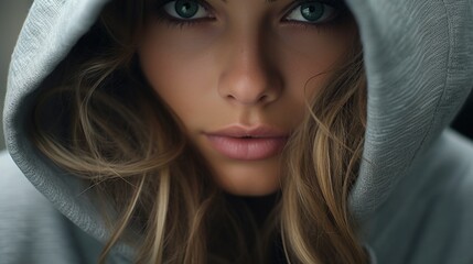 A woman wearing a hoodie stares directly at the camera. This image can be used to depict mystery, anonymity, or modern urban fashion trends - obrazy, fototapety, plakaty