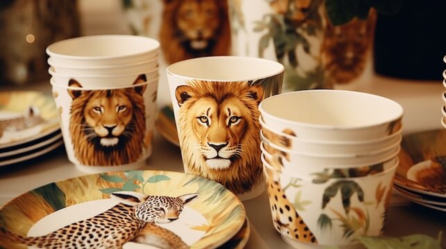 A table with plates and cups filled with various animal figures. Perfect for animal-themed parties or children's events