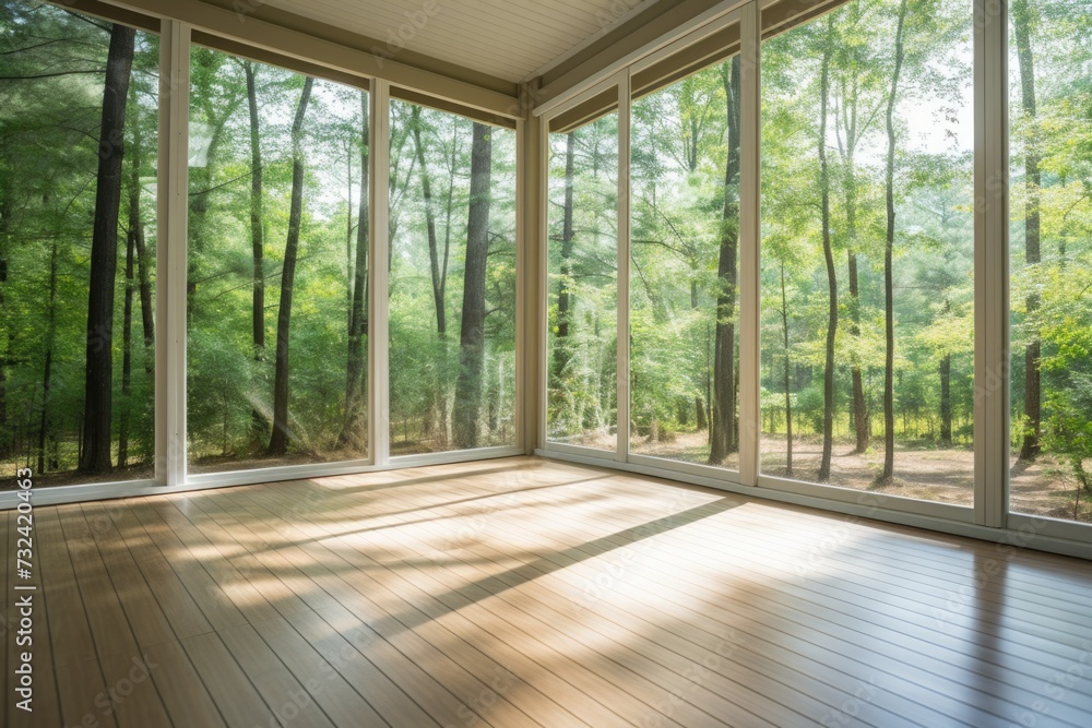 Poster An empty room with multiple windows. Can be used for interior design concepts or as a background for showcasing furniture or decor