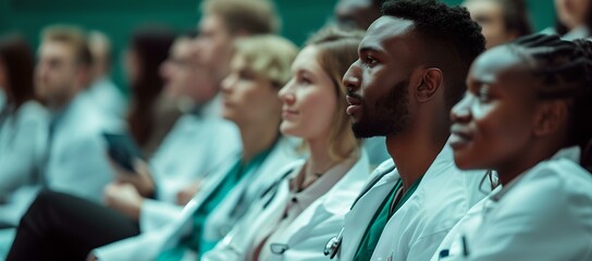 Diverse group of medical professionals attending a seminar. intently focused audience in white lab coats. ideal for educational content use. AI