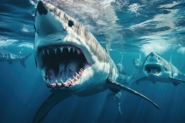 Fototapeta premium Sharks swimming together in the ocean. Perfect for educational materials and nature documentaries