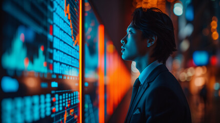 Fototapeta premium Businessman in a suit examines fluctuating stock market data on digital display panels at night.