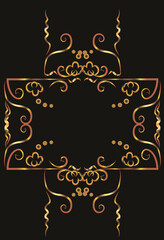 Symmetrical fantasy ornament with curls, ovals, flowers. Pattern with space for inscription. Gold gradient on a black background for printing on fabric, applique and cards.