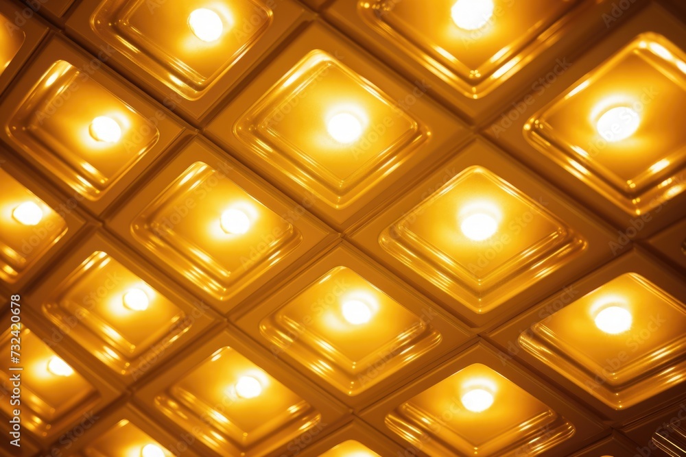 Poster A picture showcasing a ceiling filled with numerous yellow lights. This image can be used to add warmth and brightness to any space