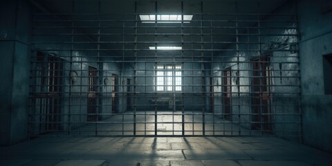 A picture of a jail cell with a window and bars. Can be used to depict imprisonment or confinement - obrazy, fototapety, plakaty