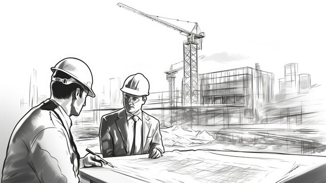 Two men wearing hard hats are examining a blueprint. This image can be used to depict construction, engineering, teamwork, or planning