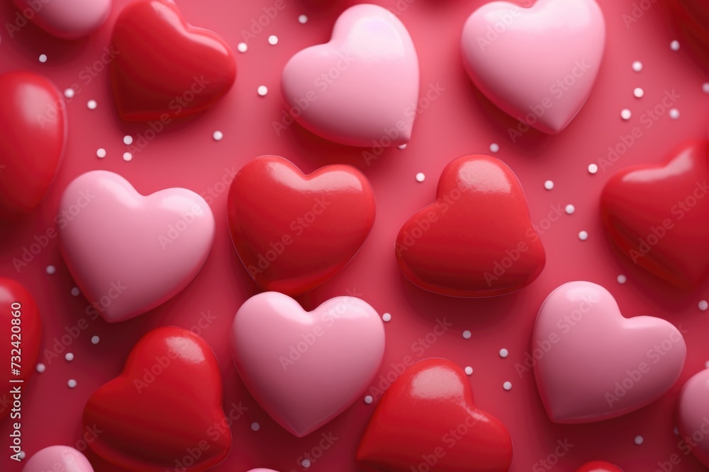 Poster A vibrant image showcasing numerous red and white hearts arranged on a red surface. Perfect for expressing love and affection.