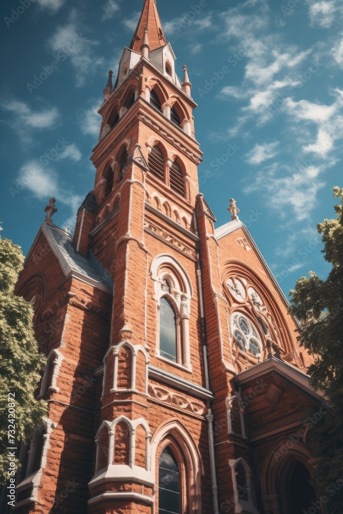 Aufkleber a tall red brick church with a clock tower. suitable for religious themes and architectural concepts