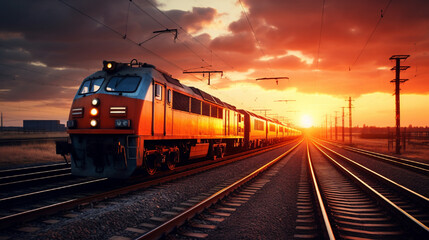 Obraz premium train on the railway at sunset