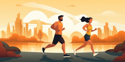 A picture of a couple running together on the street. Suitable for fitness, exercise, and active lifestyle themes