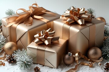 Fototapeta na wymiar Golden Gift Wrapping: Celebrate the Holidays with Festive Presents Generative AI