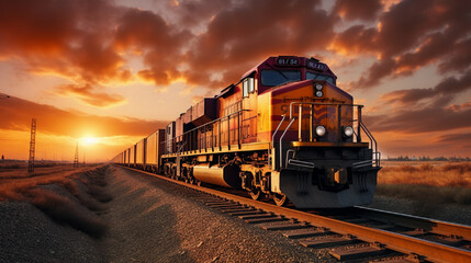 train on the railway at sunset - obrazy, fototapety, plakaty