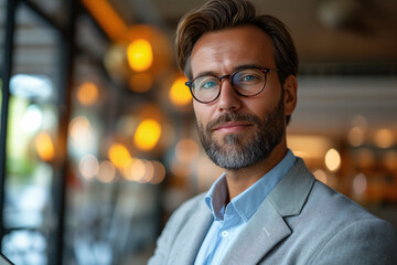 Portrait of a confident male entrepreneur with glasses in a stylish suit, standing in a contemporary office environment.