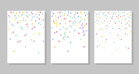 Set of backgrounds with colored confetti, ribbons, circles. Vector illustration. Social media banner template, for stories, posts, blogs, cards.