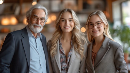 A distinguished senior male executive with a beard stands with two young female professionals in a warm, well-lit office setting.