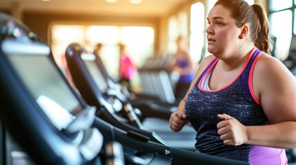 Fototapeta premium Exercising in a fitness club. A middle-aged woman is jogging on a treadmill in the gym. Fighting excess weight
