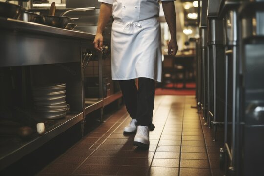 A man in a white chef's uniform walking through a kitchen. Suitable for culinary-related content
