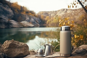 A water bottle and cup placed on a blanket near a serene lake. Perfect for outdoor picnics and relaxation by the water