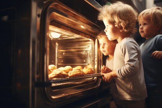 A picture of two children standing in front of an oven. This image can be used to depict cooking, baking, family activities, or kitchen scenes