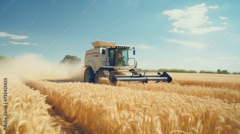 Poster a tractor is driving through a field of wheat. suitable for agricultural and farming concepts