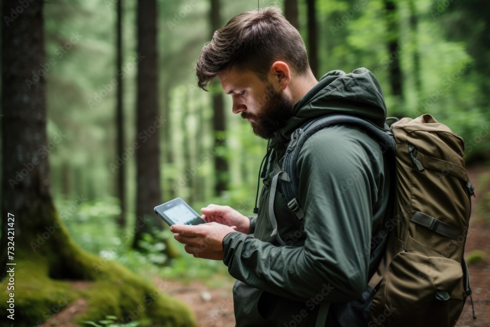 Poster a man with a backpack is seen looking at his cell phone. this versatile image can be used to depict 