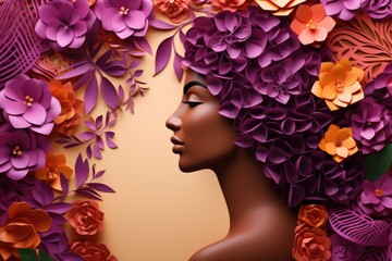 A woman with purple flowers in her hair. Suitable for fashion, beauty, and nature-themed projects