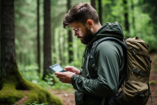 A man with a backpack is seen looking at his cell phone. This versatile image can be used to depict modern technology, communication, travel, or urban lifestyle