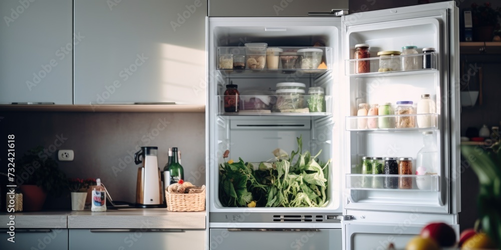 Poster a picture of an open refrigerator filled with a variety of food items. perfect for illustrating a we