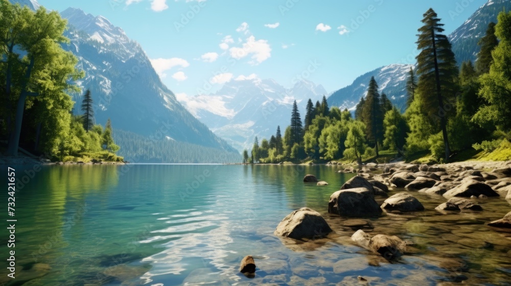 Poster A serene lake with rocks and trees in the foreground. Suitable for nature-themed projects