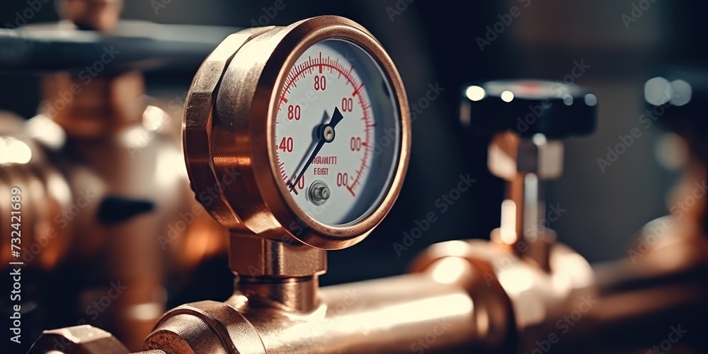Poster A detailed close-up of a gauge on a pipe. This image can be used to illustrate measurement, industrial processes, or engineering concepts