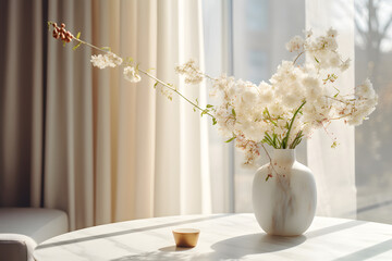 elegant, minimal table in warm light and aesthetic flowers (generative AI)