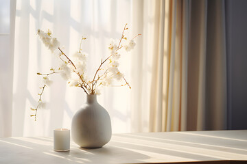 elegant, minimal table in warm light and aesthetic flowers (generative AI)