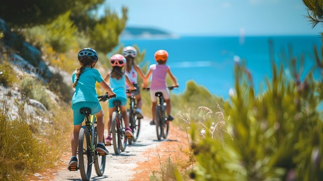 Group of children riding bikes on a scenic coastal path on a sunny day. active lifestyle and leisure concept. AI
