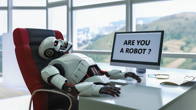 un robot mort devant un ordinateur avec le texte " ARE YOU A ROBOT ?"