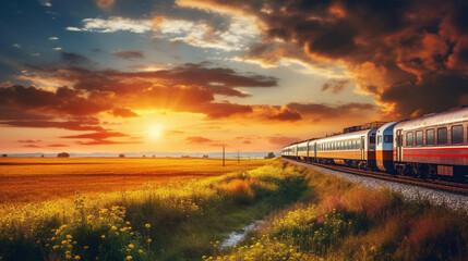 electric train on the railway - obrazy, fototapety, plakaty