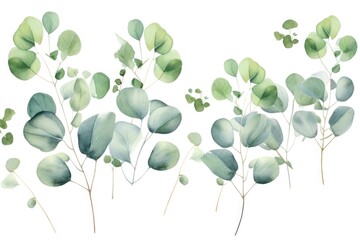 Watercolor painting of eucalyptus leaves on a clean white background. Suitable for various design projects