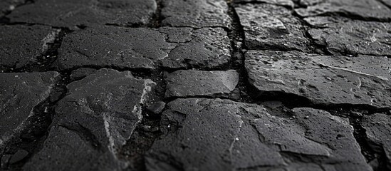 A monochrome photograph capturing a black-and-white cobblestone street, showing the grey road surface made of brickwork and asphalt.