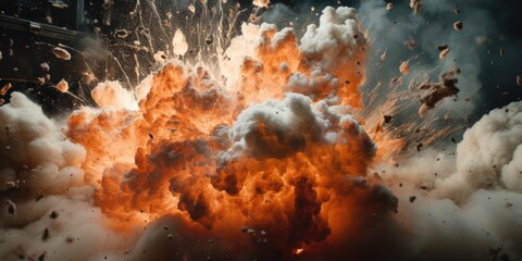 A large explosion of orange and white smoke. Perfect for adding a dramatic effect to designs or illustrating concepts of power, energy, or chaos - obrazy, fototapety, plakaty