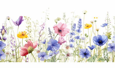 Watercolor floral seamless border вЂ“ Wildflowers: summer flower, blossom, poppies, chamomile, dandelions, cornflowers, lavender, violet, bluebell, clover, buttercup, butterfly.