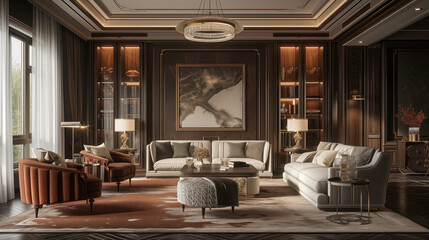 3D rendering of a drawing room close-up that exudes elegance, featuring luxurious furnishings, sophisticated lighting